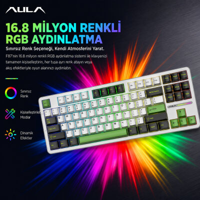 Aula F87 Mekanik RGB TKL GrayWood V3 Switch Kablosuz Makrolu Hot Swap Klavye Yeşil - 5