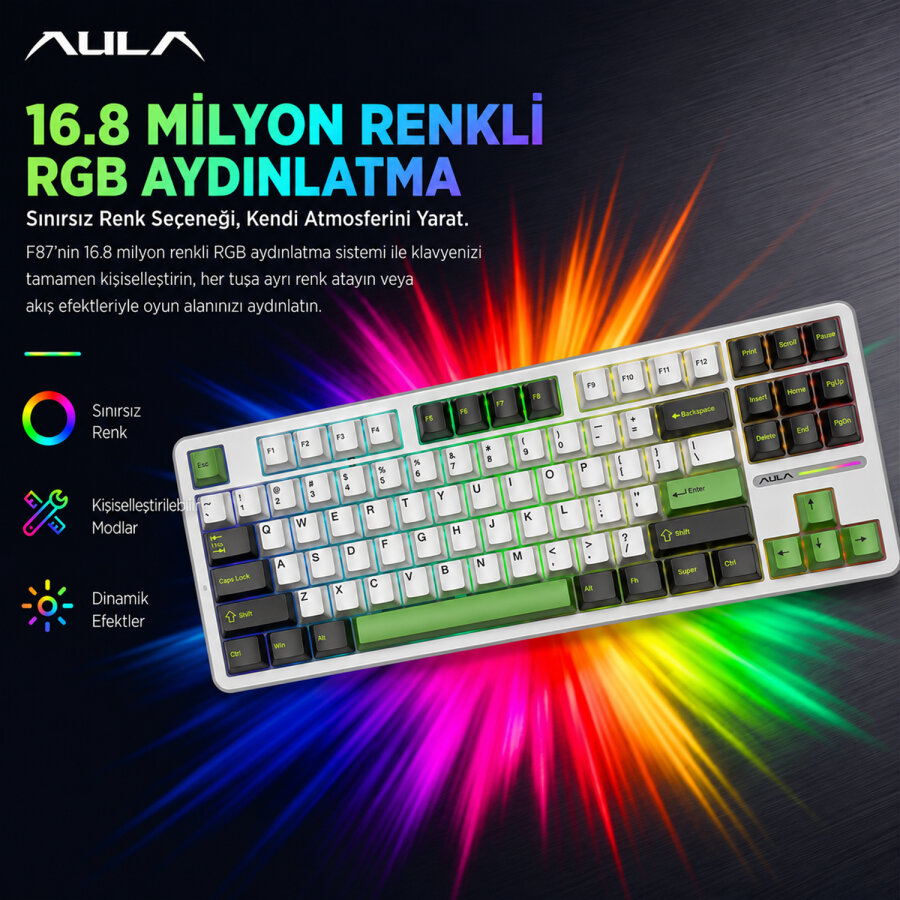 Aula F87 Mekanik RGB TKL GrayWood V3 Switch Kablosuz Makrolu Hot Swap Klavye Yeşil - 5
