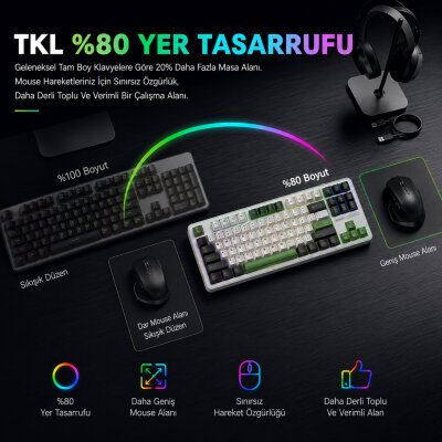 Aula F87 Mekanik RGB TKL GrayWood V3 Switch Kablosuz Makrolu Hot Swap Klavye Yeşil - 6
