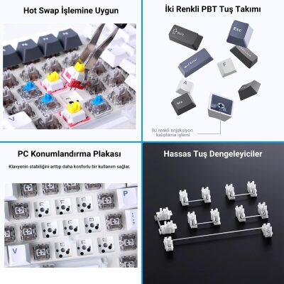 Aula F87 Mekanik RGB TKL GrayWood V3 Switch Kablosuz Makrolu Hot Swap Klavye Yeşil - 3