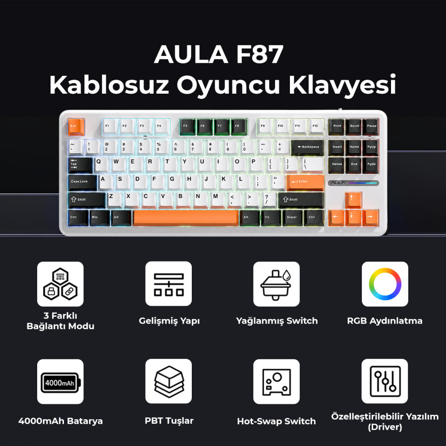 Aula F87 Mekanik RGB TKL SpaceCrystal Switch Kablosuz Makrolu Hot Swap Klavye Turuncu - 2