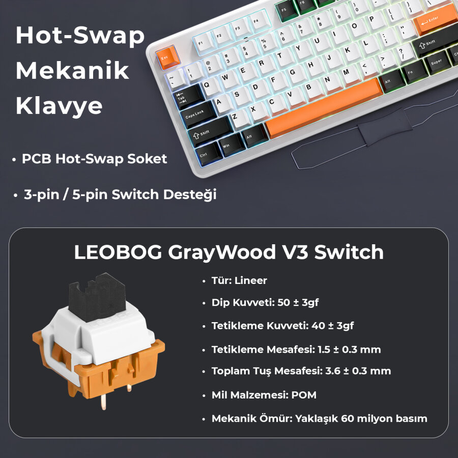 Aula F87 Mekanik RGB TKL SpaceCrystal Switch Kablosuz Makrolu Hot Swap Klavye Turuncu - 4