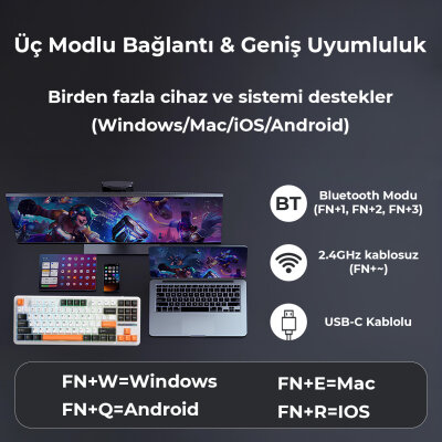 Aula F87 Mekanik RGB TKL SpaceCrystal Switch Kablosuz Makrolu Hot Swap Klavye Turuncu - 5