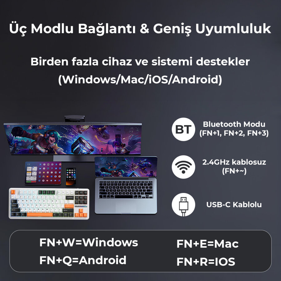Aula F87 Mekanik RGB TKL SpaceCrystal Switch Kablosuz Makrolu Hot Swap Klavye Turuncu - 5