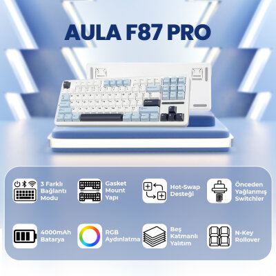 Aula F87 PRO Mekanik RGB TKL GrayWood V3 Switch Kablosuz Makrolu Hot Swap Klavye Açık Mavi - 2