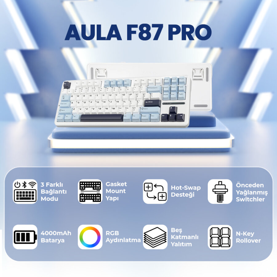 Aula F87 PRO Mekanik RGB TKL GrayWood V3 Switch Kablosuz Makrolu Hot Swap Klavye Açık Mavi - 2