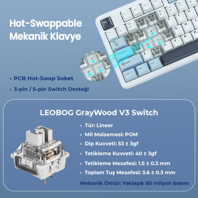 Aula F87 PRO Mekanik RGB TKL GrayWood V3 Switch Kablosuz Makrolu Hot Swap Klavye Açık Mavi - 3