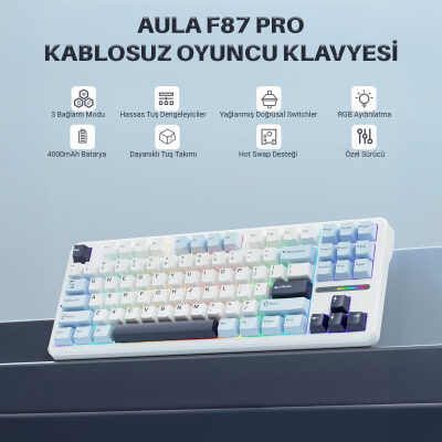 Aula F87 PRO Mekanik RGB TKL GrayWood V3 Switch Kablosuz Makrolu Hot Swap Klavye Açık Mavi - 2
