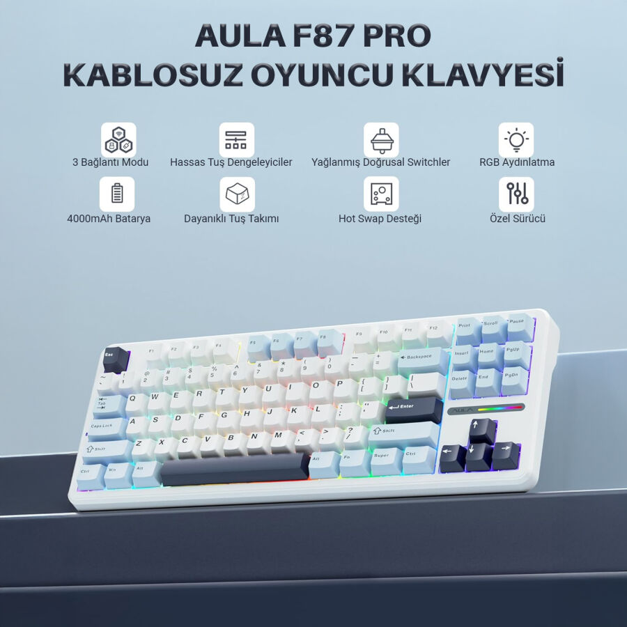 Aula F87 PRO Mekanik RGB TKL GrayWood V3 Switch Kablosuz Makrolu Hot Swap Klavye Açık Mavi - 2