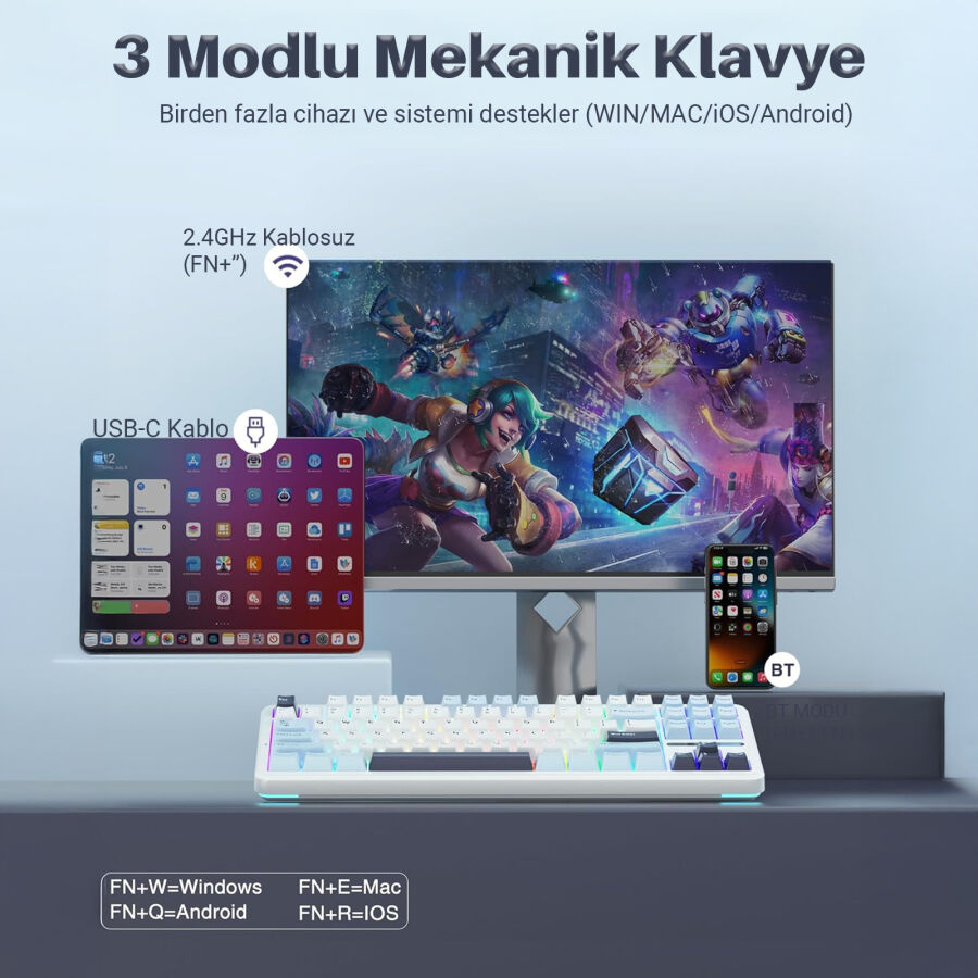 Aula F87 PRO Mekanik RGB TKL GrayWood V3 Switch Kablosuz Makrolu Hot Swap Klavye Açık Mavi - 3