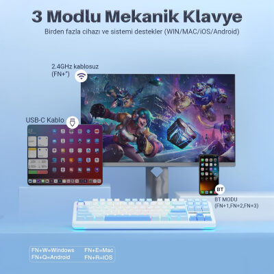 Aula F87 PRO Mekanik RGB TKL GrayWood V3 Switch Kablosuz Makrolu Hot Swap Klavye Buz Mavi - 3