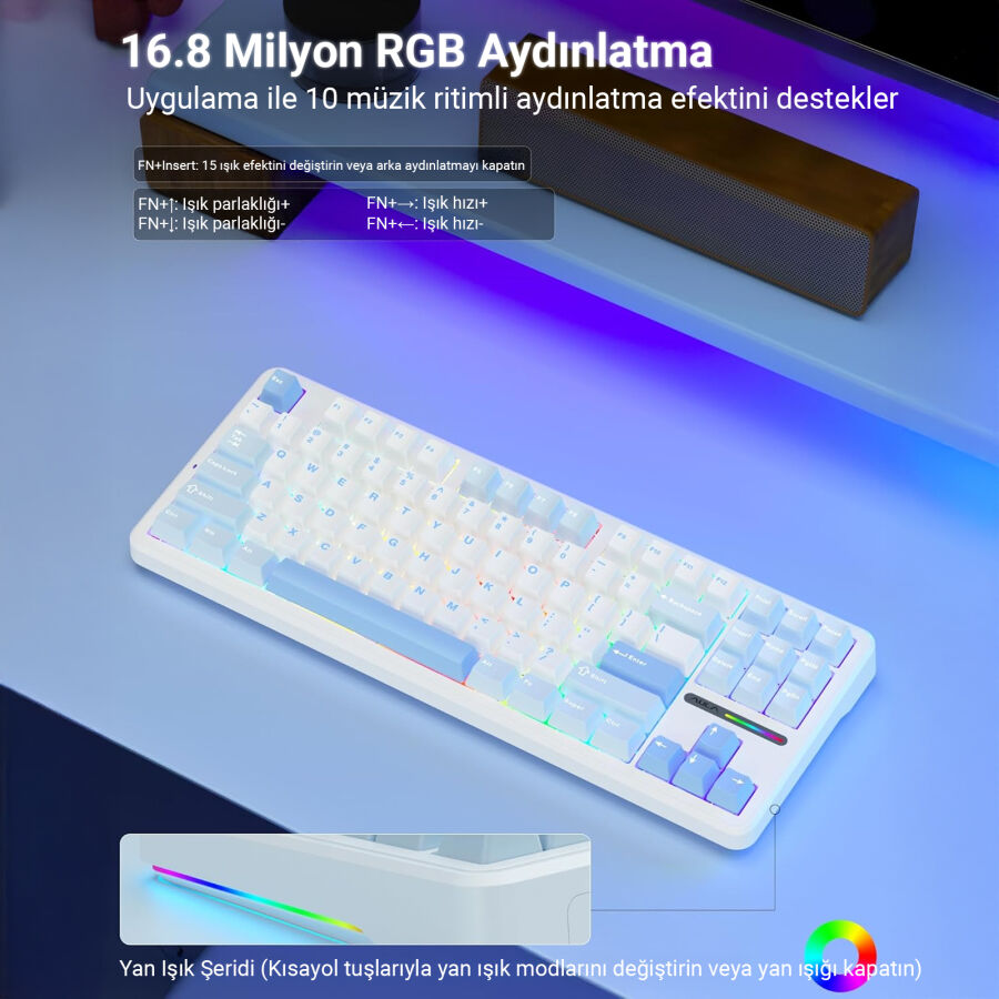 Aula F87 PRO Mekanik RGB TKL GrayWood V3 Switch Kablosuz Makrolu Hot Swap Klavye Buz Mavi - 5