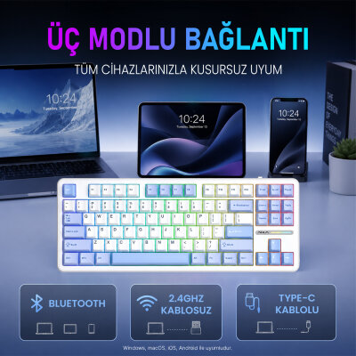 Aula F87 PRO Mekanik RGB TKL GrayWood V3 Switch Kablosuz Makrolu Hot Swap Klavye Buz Mavi - 2
