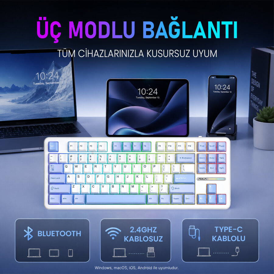 Aula F87 PRO Mekanik RGB TKL GrayWood V3 Switch Kablosuz Makrolu Hot Swap Klavye Buz Mavi - 2