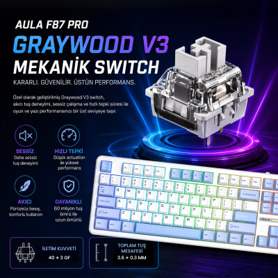 Aula F87 PRO Mekanik RGB TKL GrayWood V3 Switch Kablosuz Makrolu Hot Swap Klavye Buz Mavi - 4