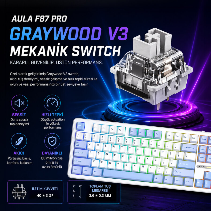 Aula F87 PRO Mekanik RGB TKL GrayWood V3 Switch Kablosuz Makrolu Hot Swap Klavye Buz Mavi - 4