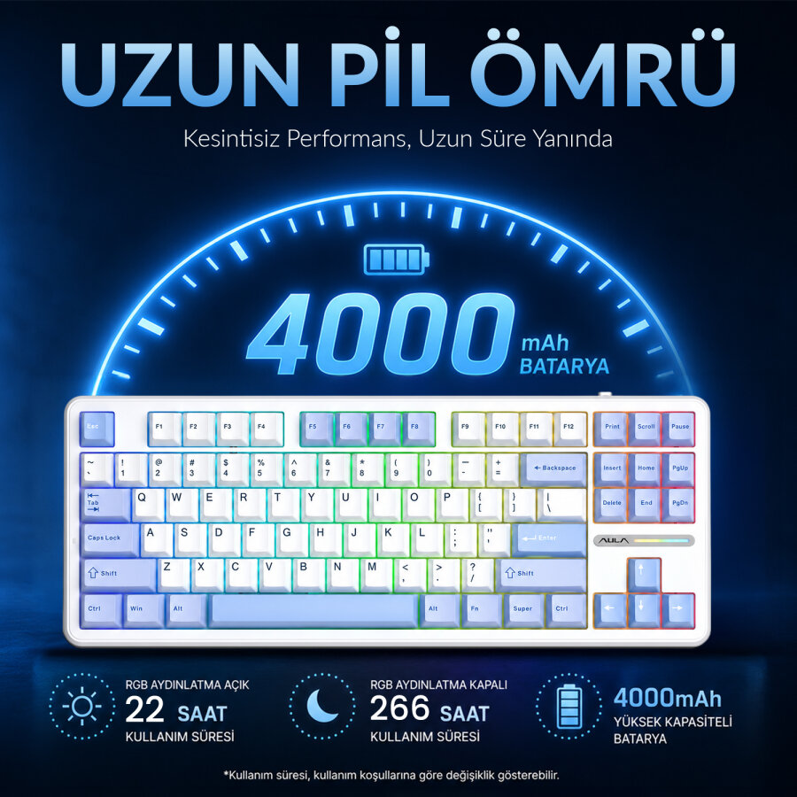 Aula F87 PRO Mekanik RGB TKL GrayWood V3 Switch Kablosuz Makrolu Hot Swap Klavye Buz Mavi - 5