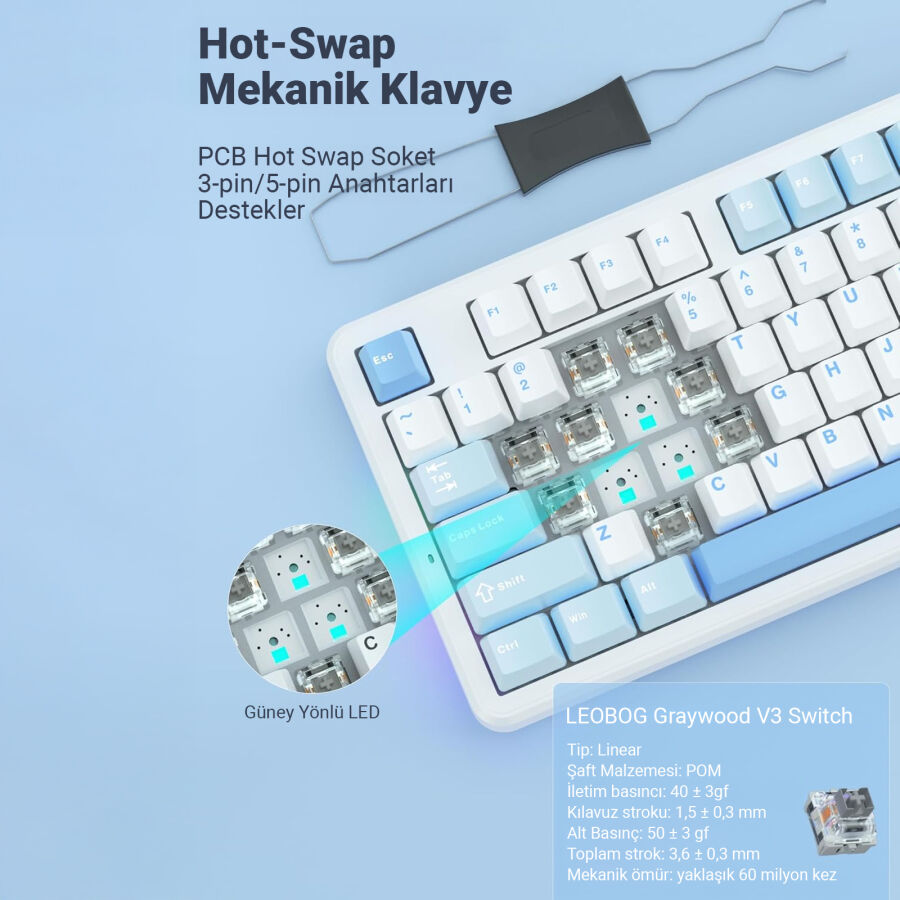 Aula F87 PRO Mekanik RGB TKL GrayWood V3 Switch Kablosuz Makrolu Hot Swap Klavye Buz Mavi - 6