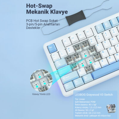 Aula F87 PRO Mekanik RGB TKL GrayWood V3 Switch Kablosuz Makrolu Hot Swap Klavye Buz Mavi - 6