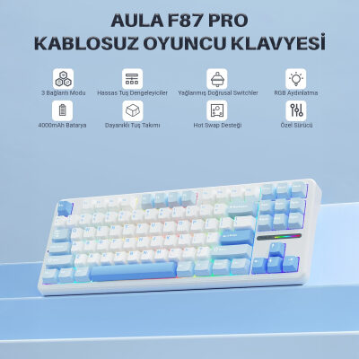 Aula F87 PRO Mekanik RGB TKL GrayWood V3 Switch Kablosuz Makrolu Hot Swap Klavye Buz Mavi - 2