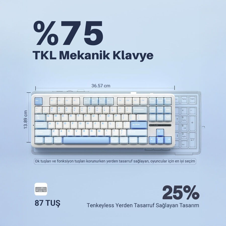 Aula F87 PRO Mekanik RGB TKL GrayWood V3 Switch Kablosuz Makrolu Hot Swap Klavye Buz Mavi - 4