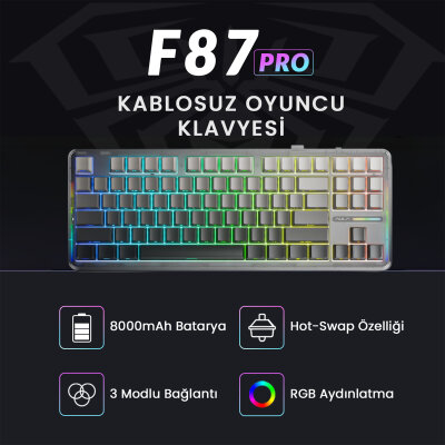 Aula F87 PRO Mekanik RGB TKL GrayWood V4 Switch Kablosuz Makrolu Hot Swap Klavye Gradyan Gri - 2