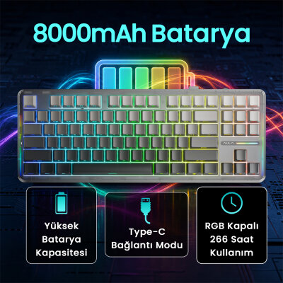 Aula F87 PRO Mekanik RGB TKL GrayWood V4 Switch Kablosuz Makrolu Hot Swap Klavye Gradyan Gri - 3