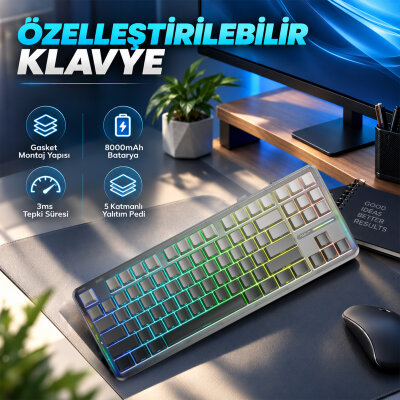 Aula F87 PRO Mekanik RGB TKL GrayWood V4 Switch Kablosuz Makrolu Hot Swap Klavye Gradyan Gri - 5