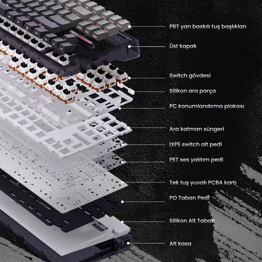 Aula F87 PRO Mekanik RGB TKL GrayWood V4 Switch Kablosuz Makrolu Hot Swap Klavye Gradyan Gri - 3