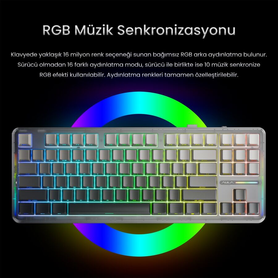Aula F87 PRO Mekanik RGB TKL GrayWood V4 Switch Kablosuz Makrolu Hot Swap Klavye Gradyan Gri - 5