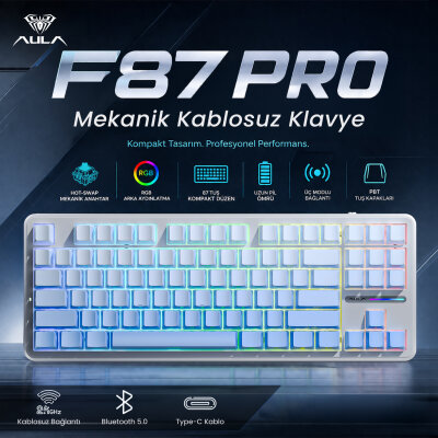 Aula F87 PRO Mekanik RGB TKL GrayWood V4 Switch Kablosuz Makrolu Hot Swap Klavye Gradyan Mavi - 2