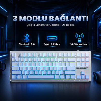 Aula F87 PRO Mekanik RGB TKL GrayWood V4 Switch Kablosuz Makrolu Hot Swap Klavye Gradyan Mavi - 5