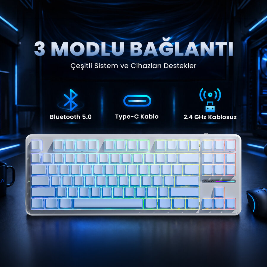 Aula F87 PRO Mekanik RGB TKL GrayWood V4 Switch Kablosuz Makrolu Hot Swap Klavye Gradyan Mavi - 5
