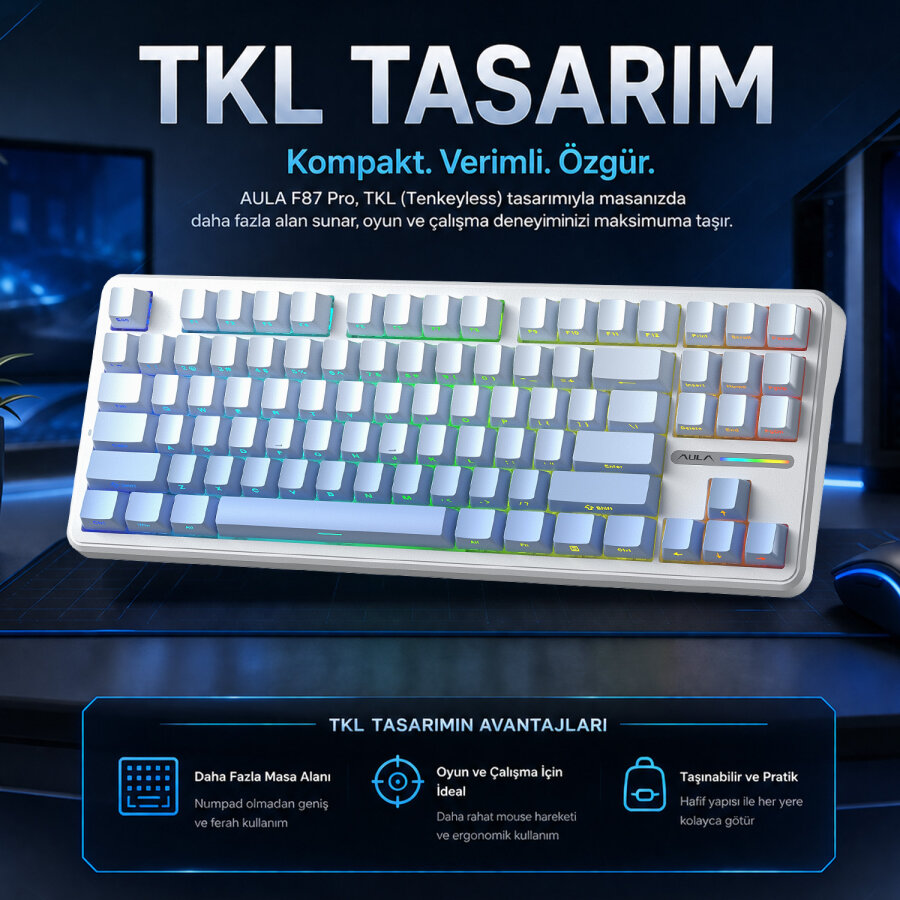 Aula F87 PRO Mekanik RGB TKL GrayWood V4 Switch Kablosuz Makrolu Hot Swap Klavye Gradyan Mavi - 7