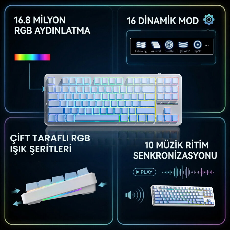 Aula F87 PRO Mekanik RGB TKL GrayWood V4 Switch Kablosuz Makrolu Hot Swap Klavye Gradyan Mavi - 8