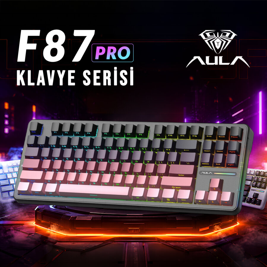 Aula F87 PRO Mekanik RGB TKL GrayWood V4 Switch Kablosuz Makrolu Hot Swap Klavye Gradyan Pembe - 2