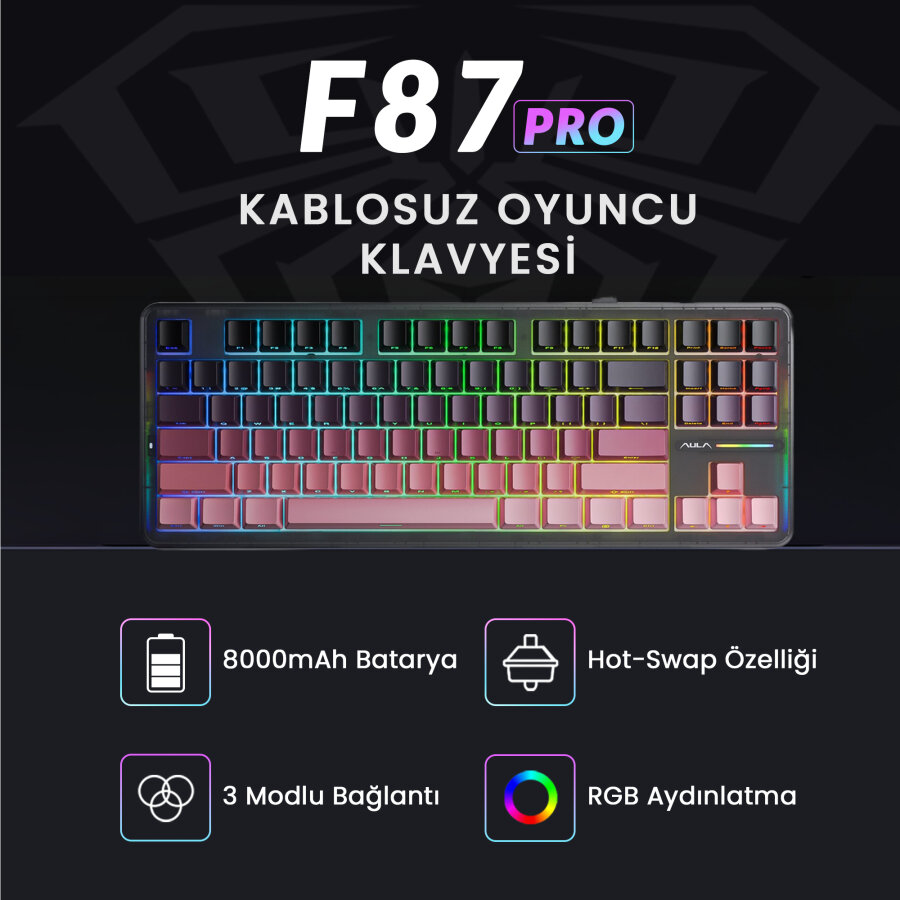 Aula F87 PRO Mekanik RGB TKL GrayWood V4 Switch Kablosuz Makrolu Hot Swap Klavye Gradyan Pembe - 3