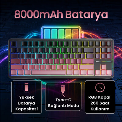 Aula F87 PRO Mekanik RGB TKL GrayWood V4 Switch Kablosuz Makrolu Hot Swap Klavye Gradyan Pembe - 4