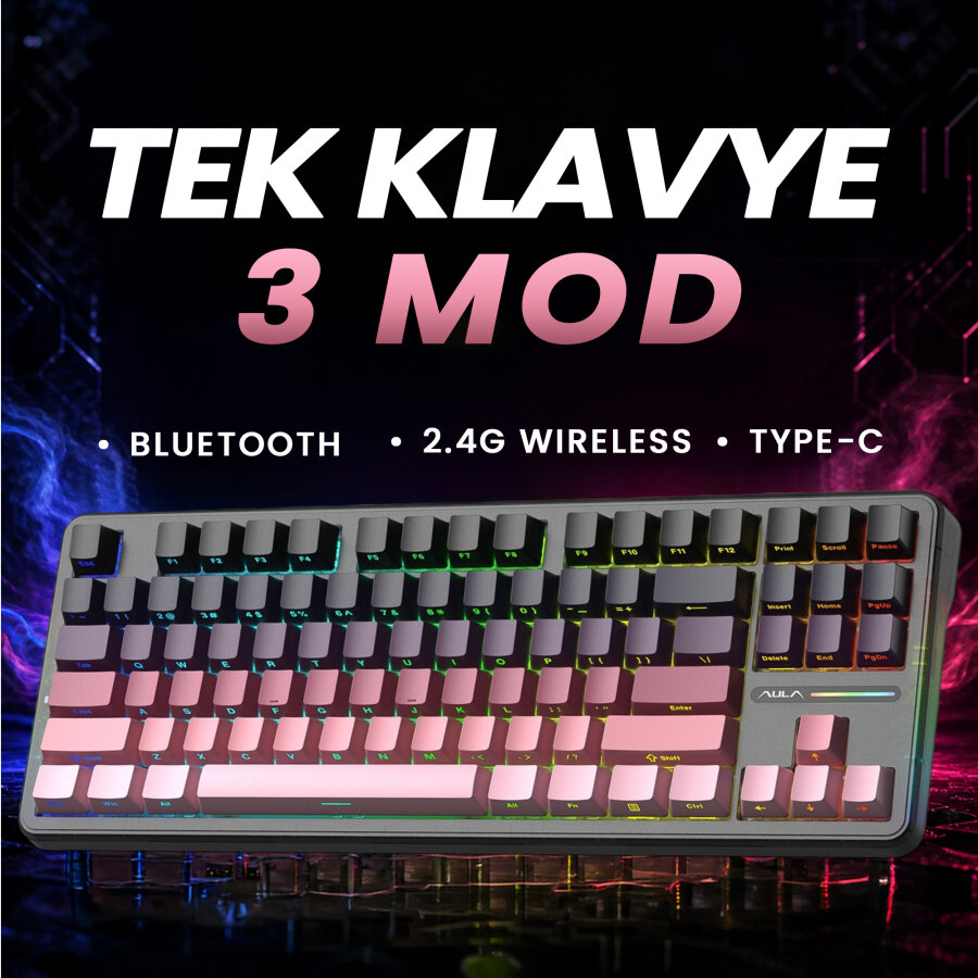 Aula F87 PRO Mekanik RGB TKL GrayWood V4 Switch Kablosuz Makrolu Hot Swap Klavye Gradyan Pembe - 5