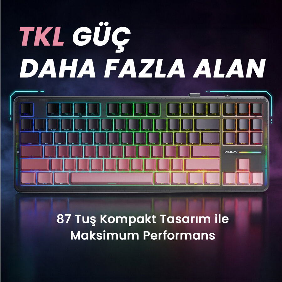 Aula F87 PRO Mekanik RGB TKL GrayWood V4 Switch Kablosuz Makrolu Hot Swap Klavye Gradyan Pembe - 6
