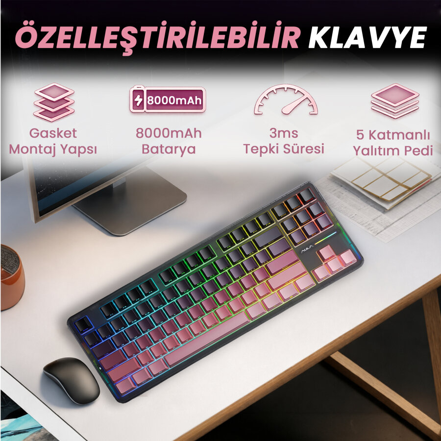 Aula F87 PRO Mekanik RGB TKL GrayWood V4 Switch Kablosuz Makrolu Hot Swap Klavye Gradyan Pembe - 7