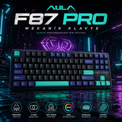 Aula F87 PRO Mekanik RGB TKL GrayWood V4 Switch Kablosuz Makrolu Hot Swap Klavye Siyah - 2