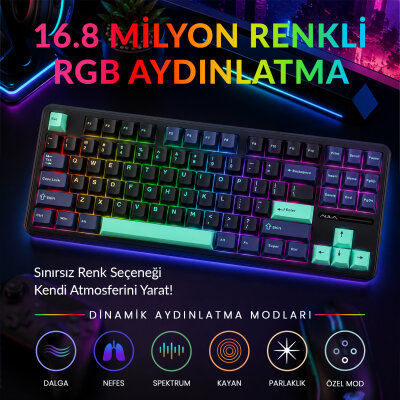 Aula F87 PRO Mekanik RGB TKL GrayWood V4 Switch Kablosuz Makrolu Hot Swap Klavye Siyah - 4