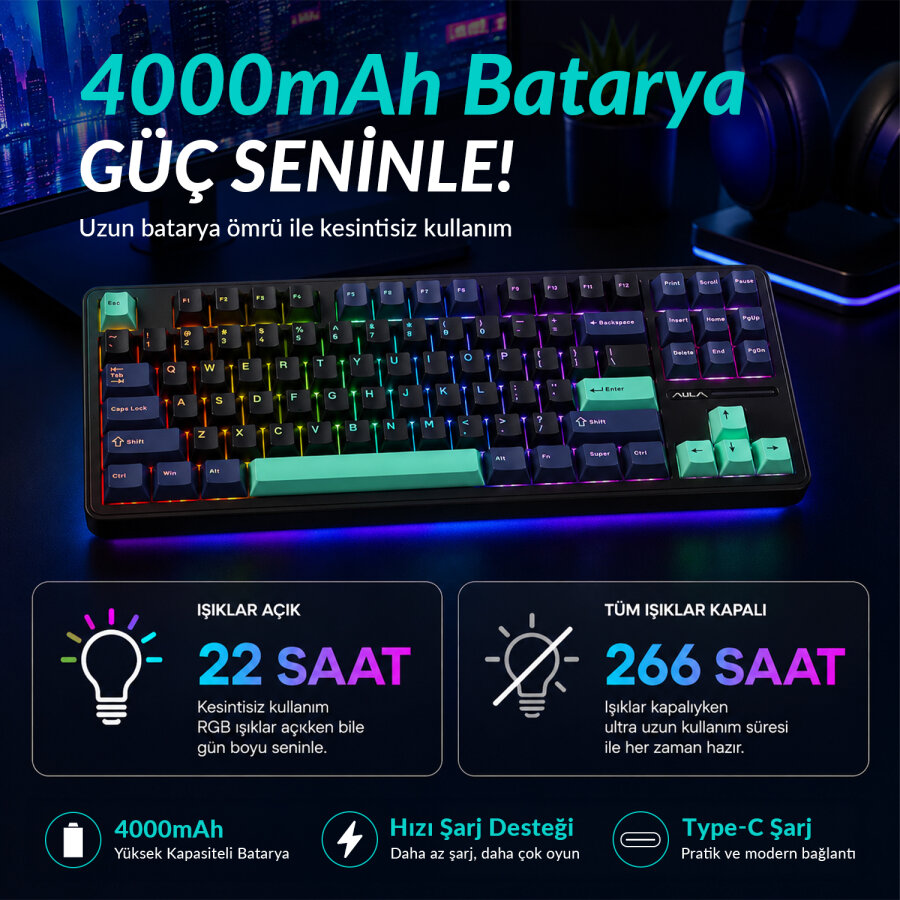 Aula F87 PRO Mekanik RGB TKL GrayWood V4 Switch Kablosuz Makrolu Hot Swap Klavye Siyah - 5