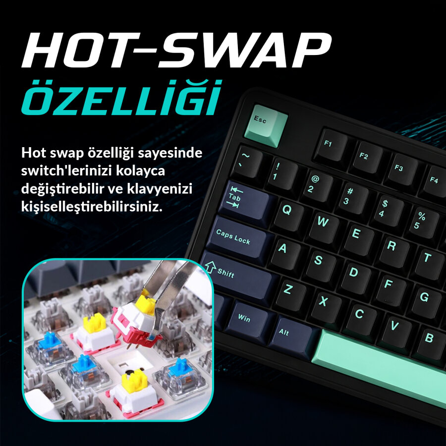 Aula F87 PRO Mekanik RGB TKL GrayWood V4 Switch Kablosuz Makrolu Hot Swap Klavye Siyah - 6