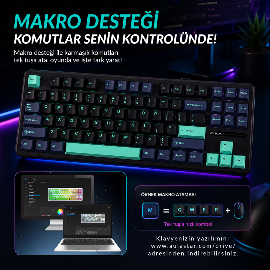 Aula F87 PRO Mekanik RGB TKL GrayWood V4 Switch Kablosuz Makrolu Hot Swap Klavye Siyah - 7