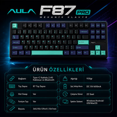 Aula F87 PRO Mekanik RGB TKL GrayWood V4 Switch Kablosuz Makrolu Hot Swap Klavye Siyah - 9