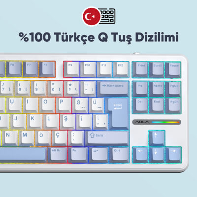 Aula F87 PRO Mekanik RGB TKL GrayWood V4 Switch Kablosuz Makrolu Hot Swap Türkçe Q Klavye Buz Mavisi - 5