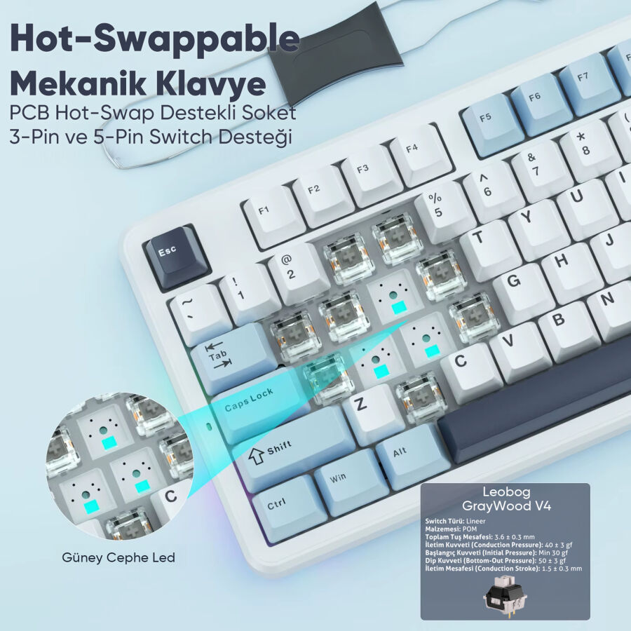 Aula F87 PRO Mekanik RGB TKL GrayWood V4 Switch Kablosuz Makrolu Hot Swap Türkçe Q Klavye Buz Mavisi - 7