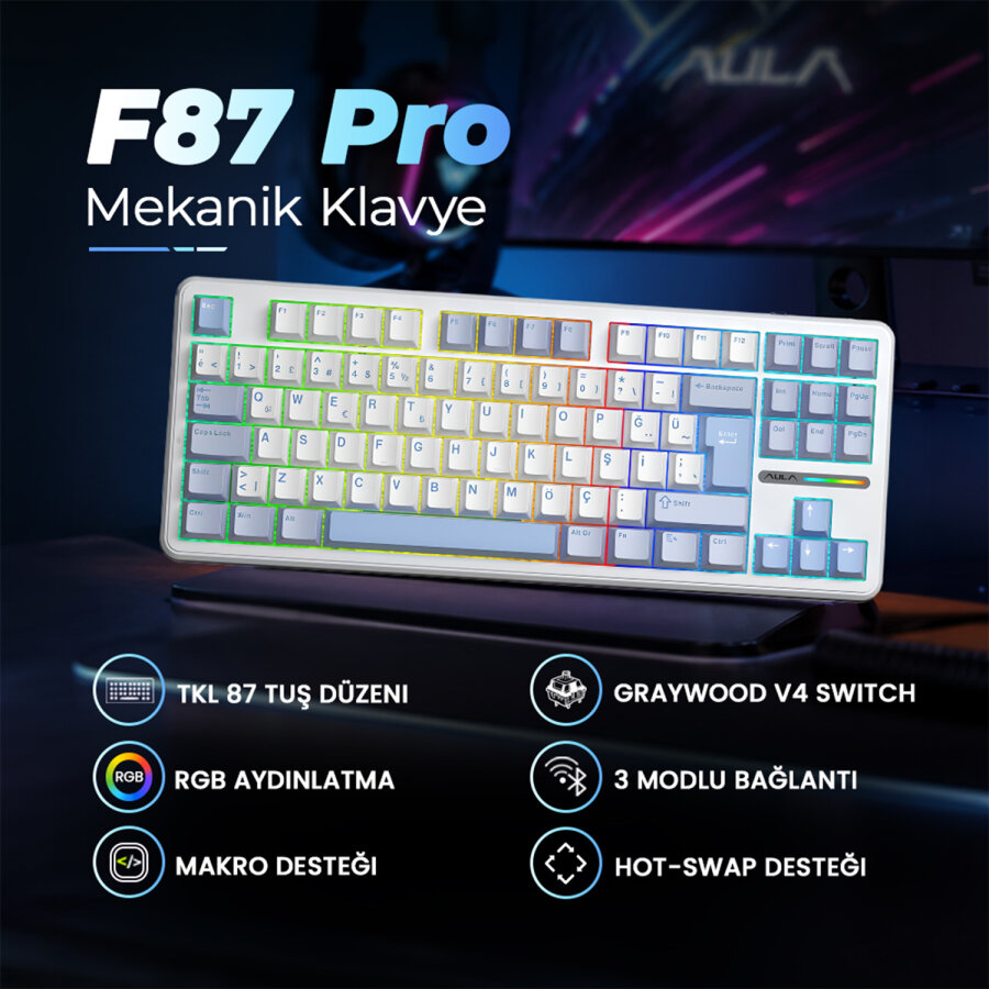 Aula F87 PRO Mekanik RGB TKL GrayWood V4 Switch Kablosuz Makrolu Hot Swap Türkçe Q Klavye Buz Mavisi - 2